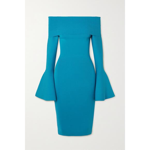 Solace London Dresses & Skirts - Solace London 'Mori' Blue Viscose Off-The-Shoulder Ribbed-Knit Dress Size L